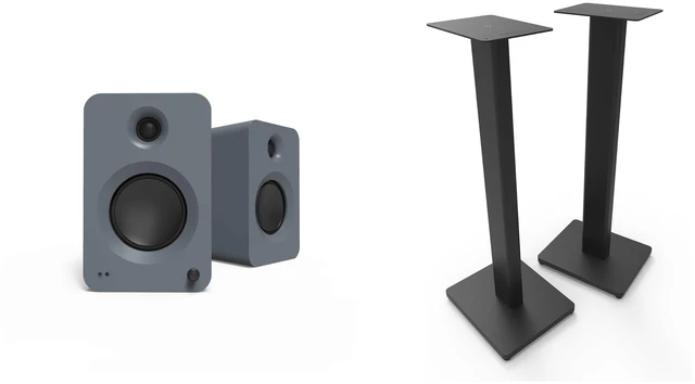 Main image of Kanto Ren Powered Speaker System - Grey, and Kanto ST28 Speaker Stands - Black