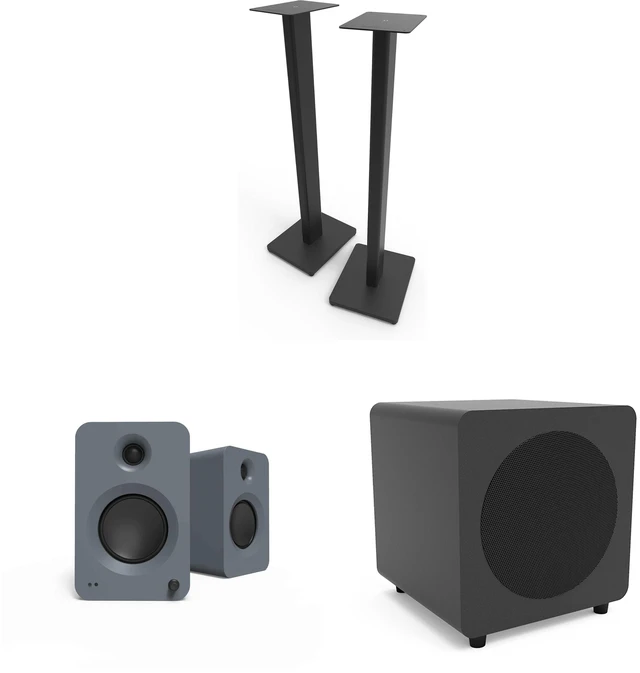 Main image of Kanto Ren Powered Speaker System - Grey, Kanto SUB8 Powered 8in Subwoofer- Black and Kanto ST34 Speaker Stands - Black