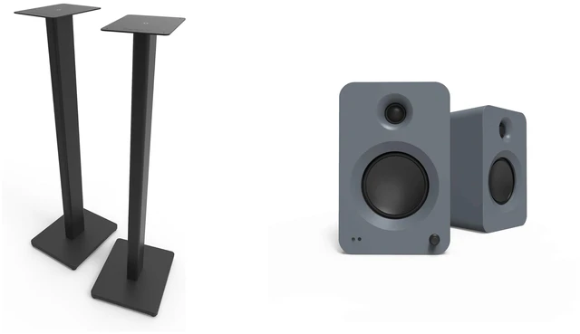 Main image of Kanto Ren Powered Speaker System - Grey, and Kanto ST34 Speaker Stands - Black