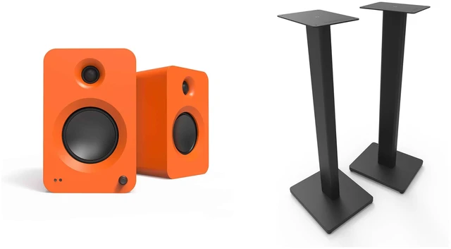 Main image of Kanto Ren Powered Speaker System - Orange, and Kanto ST28 Speaker Stands - Black