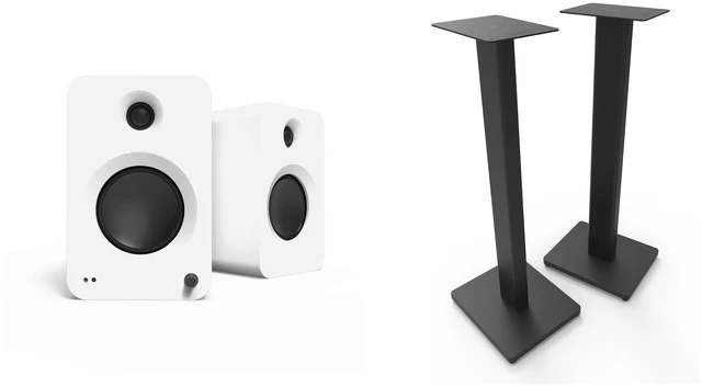 Main image of Kanto Ren Powered Speaker System - White, and Kanto ST28 Speaker Stands - Black