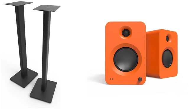 Main image of Kanto Ren Powered Speaker System - Orange, and Kanto ST34 Speaker Stands - Black