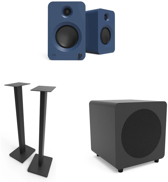 Main image of Kanto Ren Powered Speaker System - Matte Blue, Kanto ST34 Speaker Stands - Black and Kanto powered sub - Black