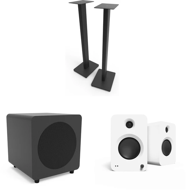Main image of Kanto Ren Powered Speaker System - White, Kanto ST34 Speaker Stands - Black and Kanto powered sub - Black