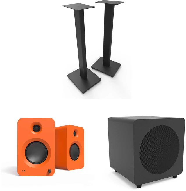 Main image of Kanto Ren Powered Speaker System - Orange, Kanto ST28 Speaker Stands - Black and Kanto powered sub - Black
