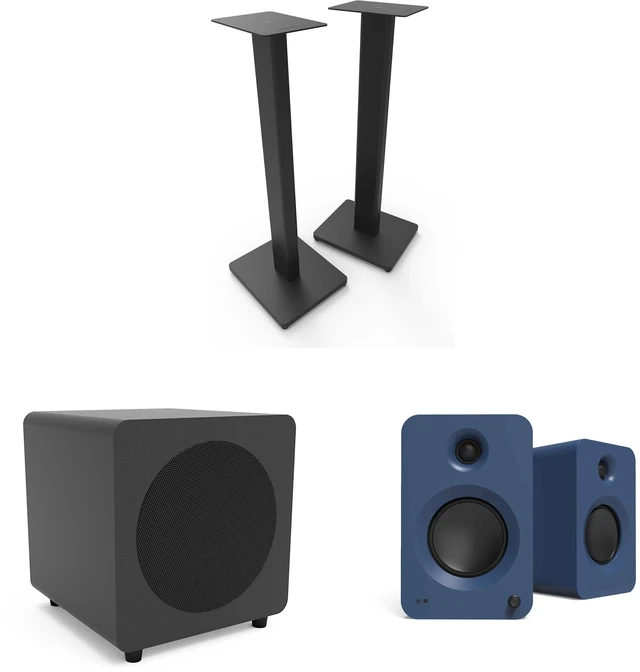 Main image of Kanto Ren Powered Speaker System - Matte Blue, Kanto ST28 Speaker Stands - Black and Kanto powered sub - Black