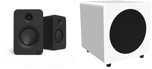 Main image of Kanto Ren Powered Speaker System (black) and SUB8 Powered 8in Subwoofer (white) Bundle