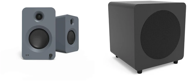 Main image of Kanto Ren Powered Speaker System (matte grey) and SUB8 Powered 8in Subwoofer (black)