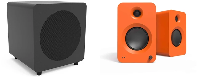 Main image of Kanto Ren Powered Speaker System (orange) and SUB8 Powered 8in Subwoofer (black) Bundle