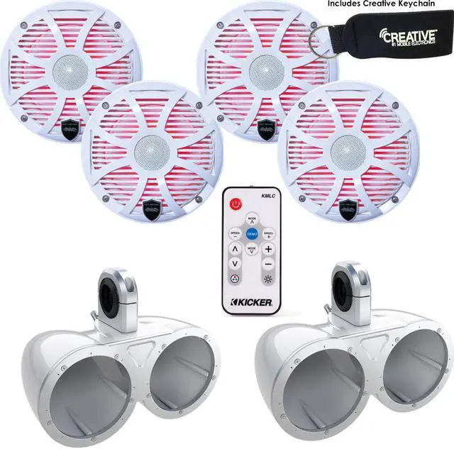 Main image of Two Pairs of Wet Sounds REVO6-SWW White 6.5" LED Speakers in KMTED White Enclosures with KMLC LED Controller