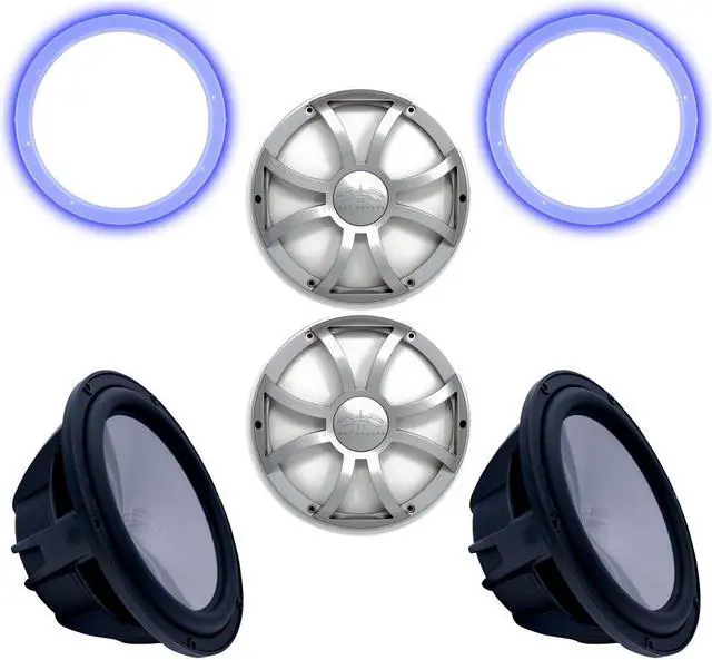 Main image of Two Wet Sounds Revo 12" Subwoofers, Grills, & RGB LED Rings - Black Subwoofers & Silver XS Grills - 2 Ohm