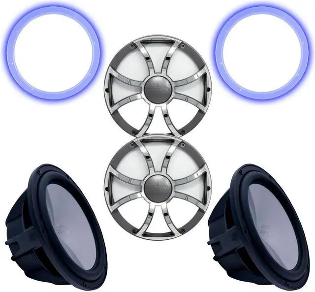 Main image of Two Wet Sounds Revo 12" Subwoofers, Grills, & RGB LED Rings - Black Subwoofers & Gunmetal Steel Grills - 4 Ohm