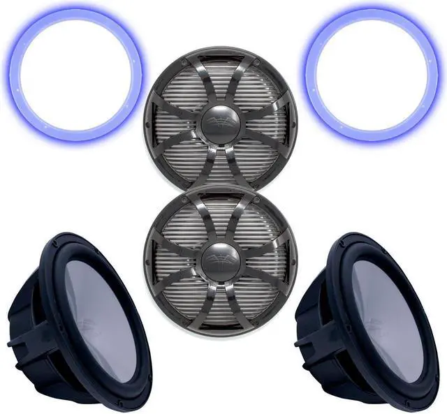 Main image of Two Wet Sounds Revo 12" Subwoofers, Grills, & RGB LED Rings - Black Subwoofers & Black Closed Face SW Grills - 4 Ohm