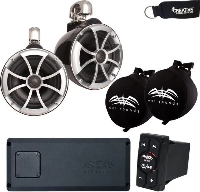 Main image of Wet Sounds ICON8 Tower Speakers with Mini Swivel Clamps, STX-Micro-4 Amp, BTRS Receiver, and SUITZ covers
