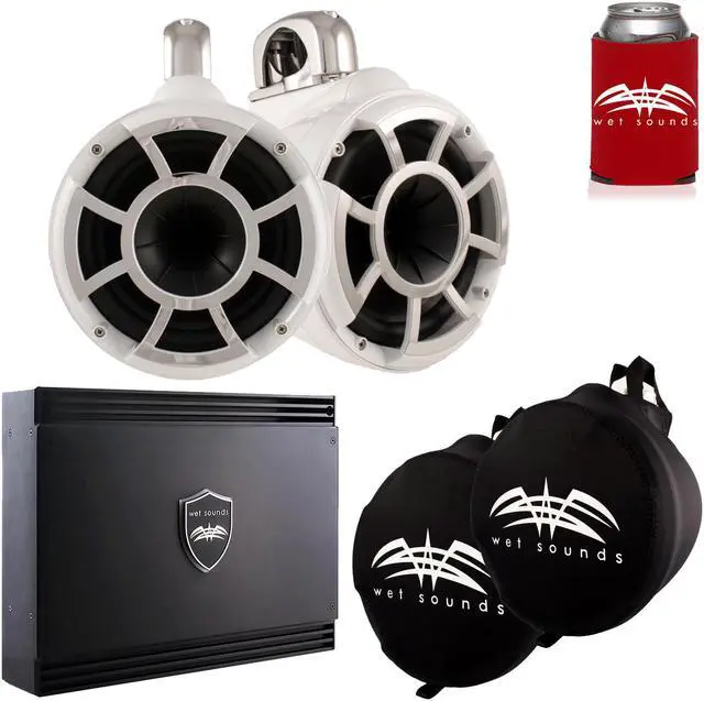 Main image of Wet Sounds White REV 10 Fixed Clamp Tower Speakers with Wet Sounds SD2 1250 Watt Amplifier & Suitz Speaker Covers