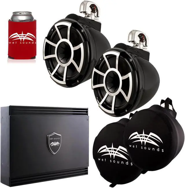 Main image of Wet Sounds Black REV 10 Swivel Clamp Tower Speakers with Wet Sounds SD2 1250 Watt Amplifier & Suitz Speaker Covers
