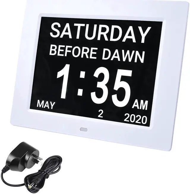 Alt view image 7 of 13 - 8" Large Digital LCD Day Clock 6 Alarm Options Dimmable Calendar Dementia Home Wall Table White