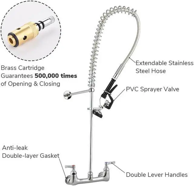 Alt view image 9 of 13 - Aquaterior® Chrome Commercial Kitchen Restaurant 8" Center Splashmount Pre-Rinse Faucet CUPC NSF