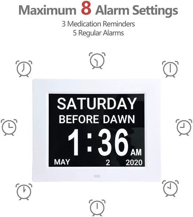 Alt view image 9 of 13 - 8" Large Digital LCD Day Clock 6 Alarm Options Dimmable Calendar Dementia Home Wall Table White