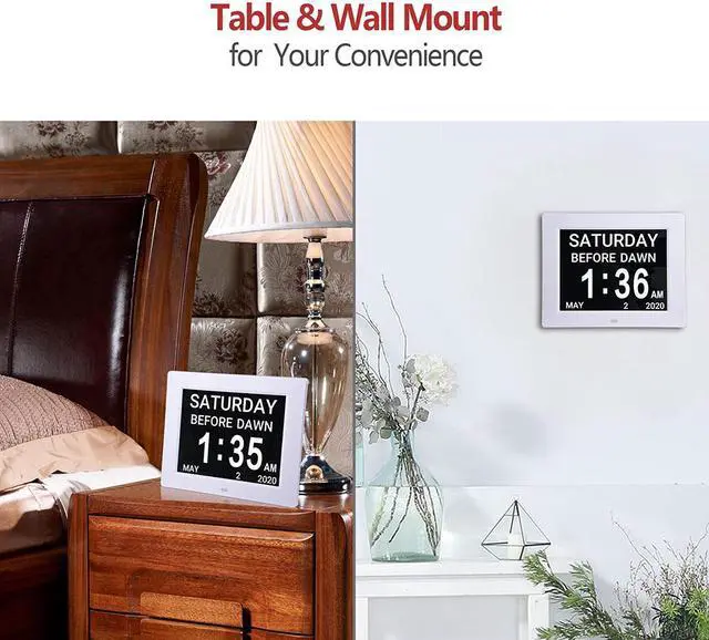 Alt view image 12 of 13 - 8" Large Digital LCD Day Clock 6 Alarm Options Dimmable Calendar Dementia Home Wall Table White