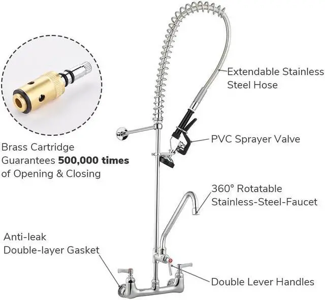 Alt view image 3 of 7 - Aquaterior Pre-Rinse Commercial Faucet Chromed with 12" Add-On Pull Down Sprayer CUPC NSF ANSI