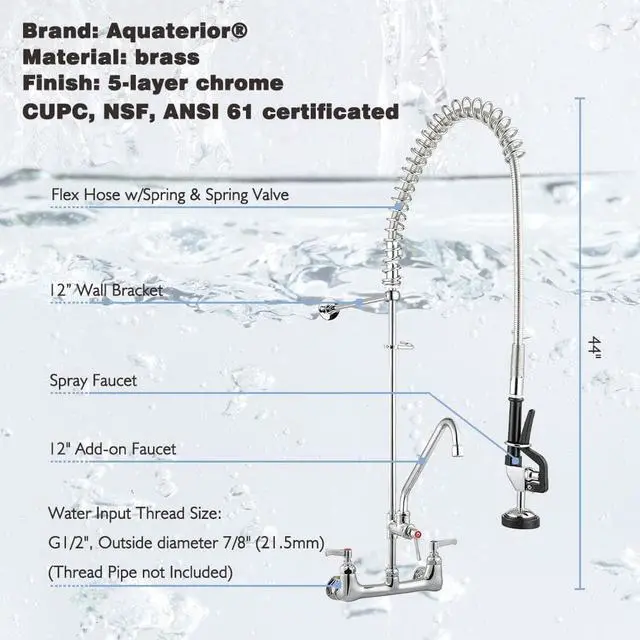 Alt view image 7 of 7 - Aquaterior Pre-Rinse Commercial Faucet Chromed with 12" Add-On Pull Down Sprayer CUPC NSF ANSI