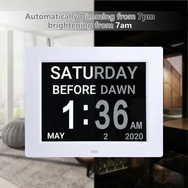 Alt view image 10 of 13 - 8" Large Digital LCD Day Clock 6 Alarm Options Dimmable Calendar Dementia Home Wall Table White