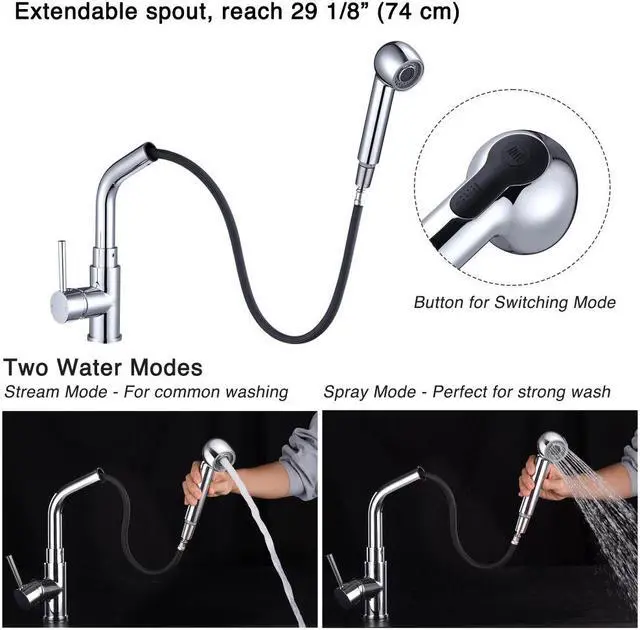 Alt view image 3 of 7 - Aquaterior® Kitchen Sink Faucet Pull Out Dual Function Mixer Taps Stainless Steel1 Handle Long Neck