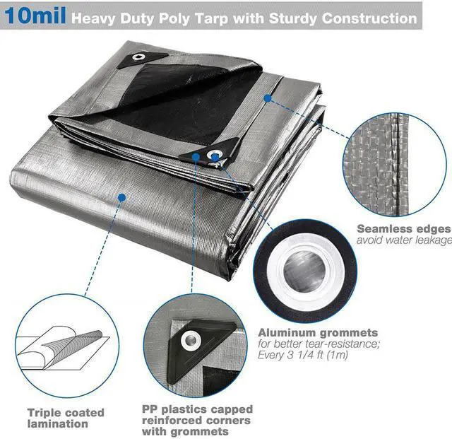 Alt view image 9 of 10 - 10x15ft Heavy Duty Reinforced Poly Tarp 10-mil Multi Purpose Canopy Tent Cover Waterproof Tarpaulin Outdoor