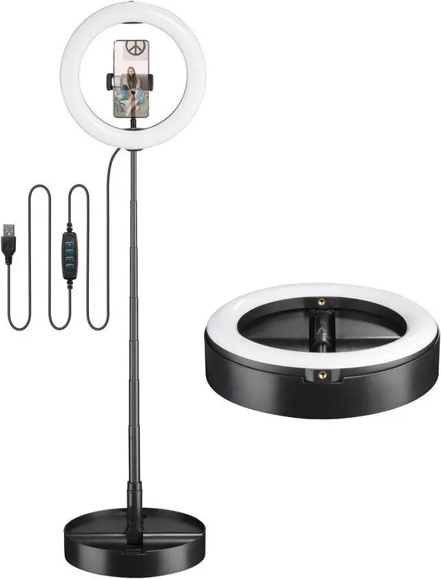 Alt view image 2 of 7 - 8" Dimmable LED Ring Light Floor Table Stand USB w/ Phone Holder Selfie Stick for Makeup Live Stream