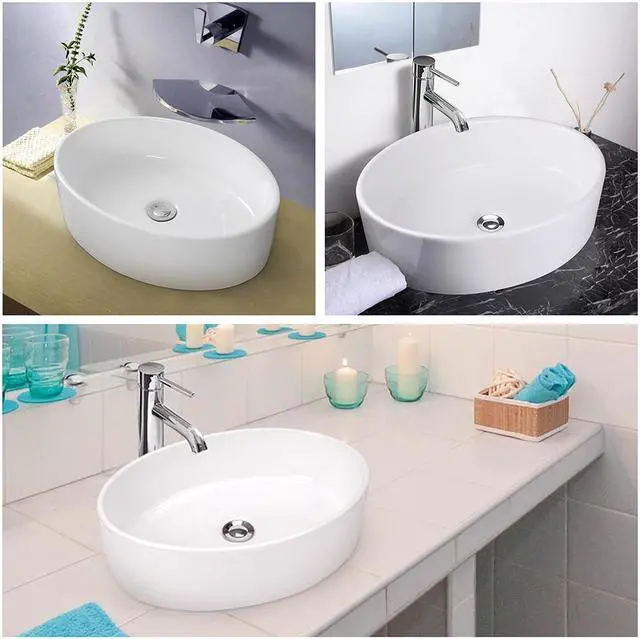 Alt view image 6 of 6 - Aquaterior Oval Porcelain Ceramic Bathroom Vessel Sink Basin with Chrome Drain