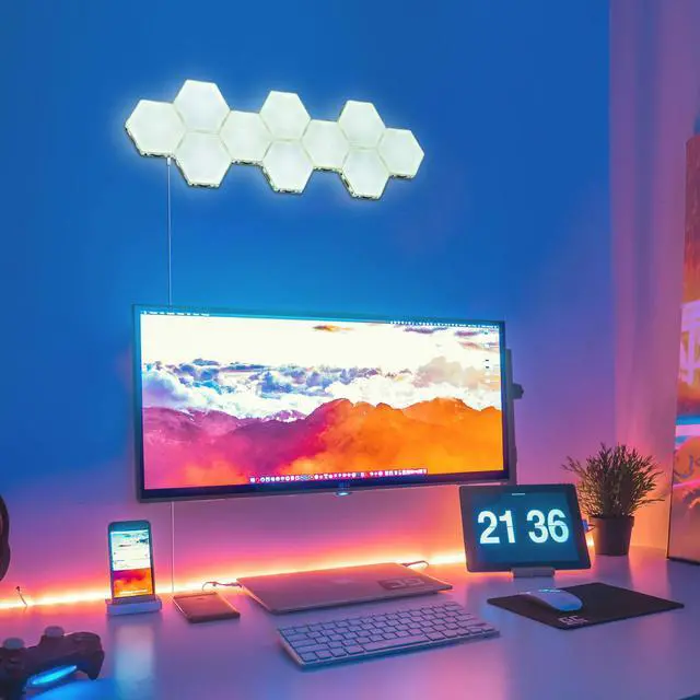Alt view image 7 of 7 - Yescom APP Control WiFi Hexagon LED Light Kit 14 Blocks & Base w/Alexa Google Home Game Room Decoration