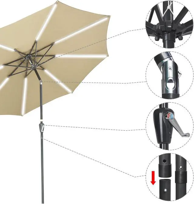 Alt view image 4 of 7 - Yescom 10 Ft Solar Powered Patio Umbrella with Tilt and Crank Outdoor Café Poolside