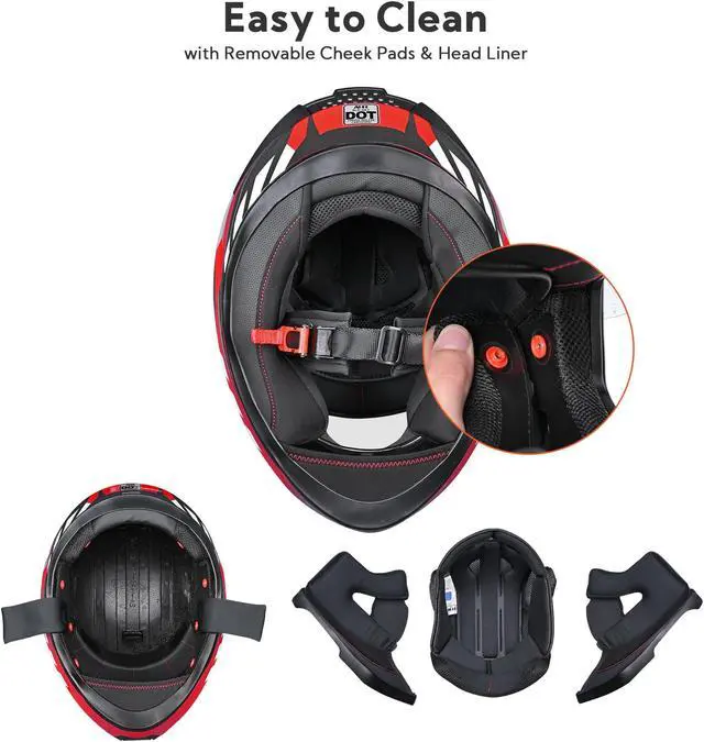 Alt view image 7 of 7 - AHR RUN-F3 Full Face Motorcycle Helmet DOT Approve Street Bike Removable Liner XL