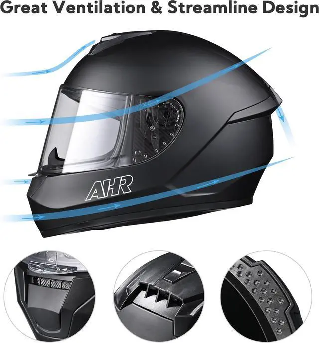 Alt view image 4 of 7 - AHR RUN-F3 Full Face Motorcycle Helmet DOT Approved Street Bike Removable Liner S