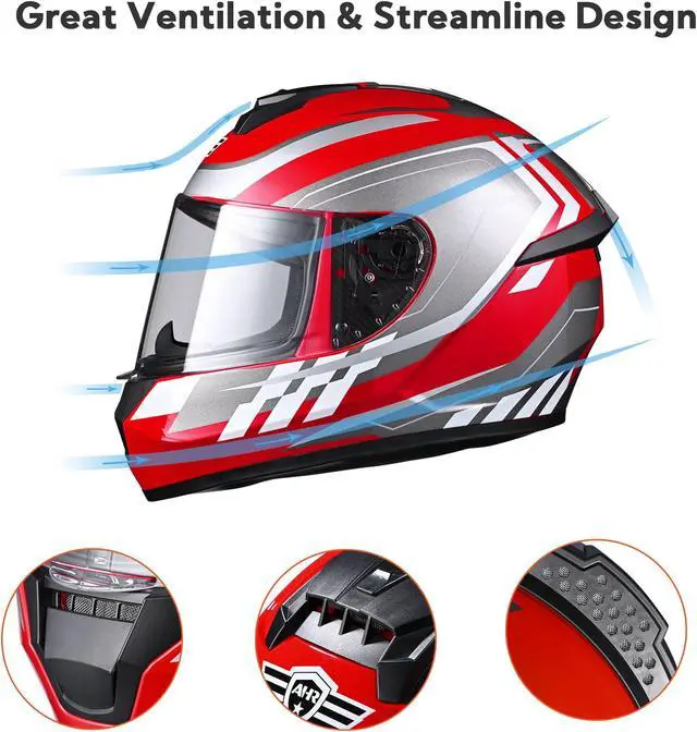 Alt view image 4 of 7 - AHR RUN-F3 Full Face Motorcycle Helmet DOT Approve Street Bike Removable Liner XL