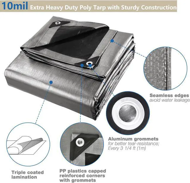 Alt view image 4 of 7 - 16x20 Ft 10 Mil Poly Tarp Protective Cover Tarpaulin Heavy Duty UV Resistant