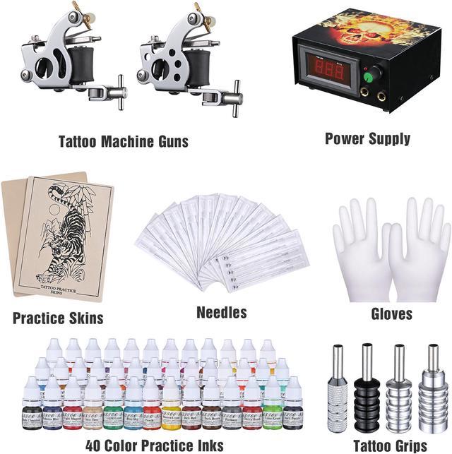 Beginner Tattoo Kit 4 Machine Gun 40 color Ink Power supply needle Grip Tip  Set
