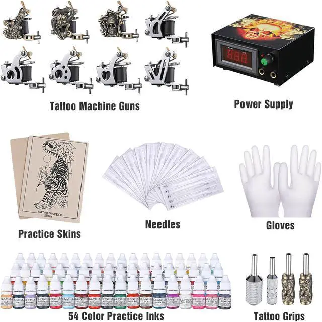Alt view image 2 of 7 - Complete Tattoo Kit 2 Machine Gun Power Supply 4 Black Ink Needles Grips Tips Basic Set Equipment