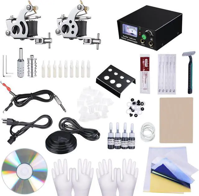 Main image of Complete Tattoo Kit 2 Machine Gun Power Supply 4 Black Ink Needles Grips Tips Basic Set Equipment