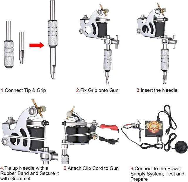 Alt view image 7 of 7 - Complete Tattoo Kit 2 Machine Gun Power Supply 4 Black Ink Needles Grips Tips Basic Set Equipment