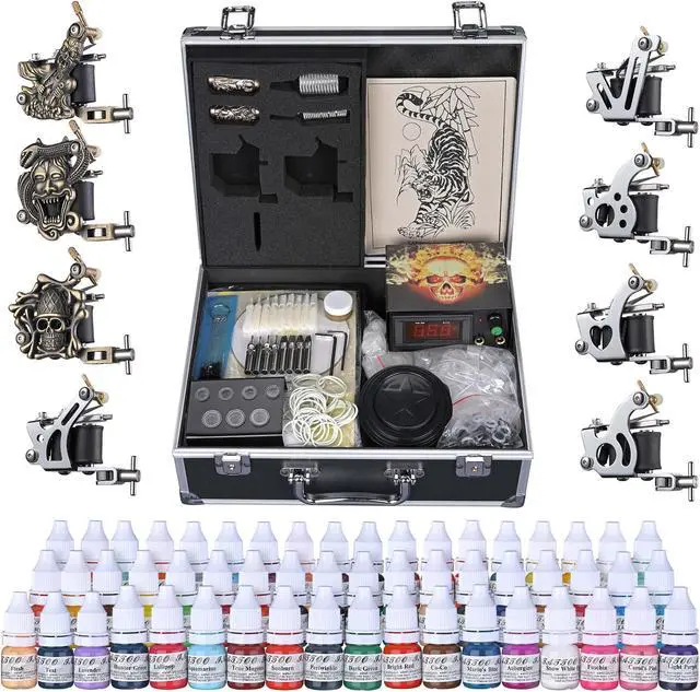 Main image of Complete Tattoo Kit 2 Machine Gun Power Supply 4 Black Ink Needles Grips Tips Basic Set Equipment