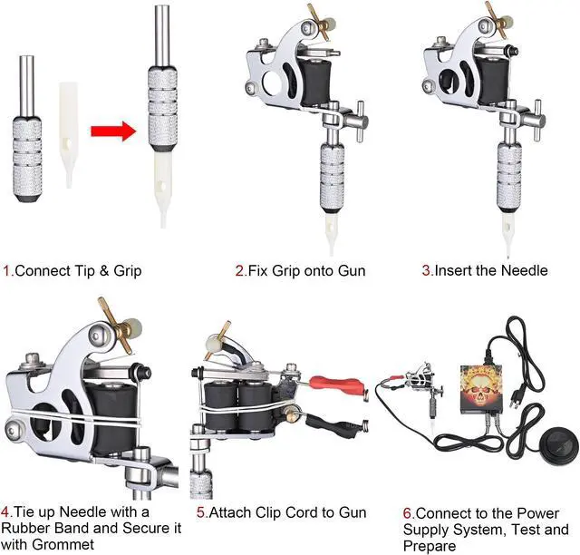 Alt view image 7 of 7 - Complete Tattoo Kit 8 Machine 40 Inks Power Supply 10 Wraps Gun Needle Grip Tip