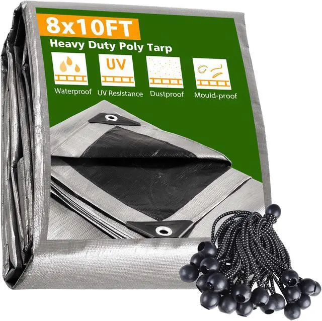 Main image of 8x10 Ft 10 Mil Poly Tarp Protective Cover Ball Bungee Kit Tarpaulin Outdoor Tent