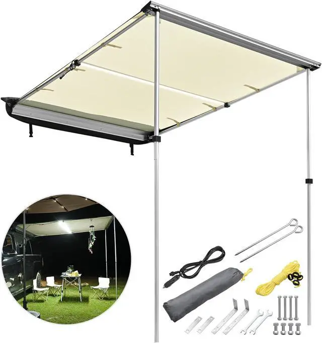 Alt view image 2 of 7 - Yescom Car Awning with LED for SUV 4.6FT x 6.6FT Caravan Camping Side Rooftop Tailgate Canopy Tent Shelter Tarp