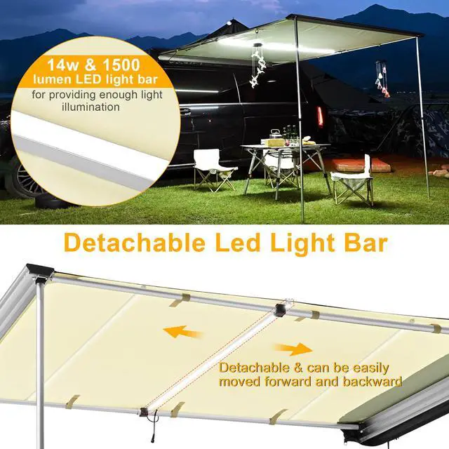 Alt view image 5 of 7 - Yescom Car Awning with LED for SUV 4.6FT x 6.6FT Caravan Camping Side Rooftop Tailgate Canopy Tent Shelter Tarp