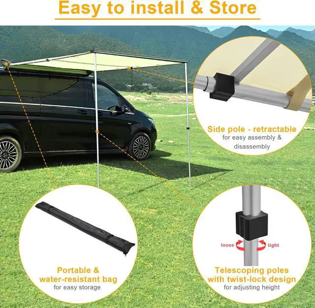 Alt view image 6 of 7 - Yescom Car Awning with LED for SUV 4.6FT x 6.6FT Caravan Camping Side Rooftop Tailgate Canopy Tent Shelter Tarp