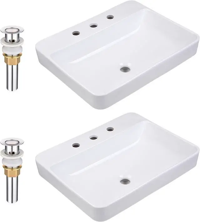 Alt view image 4 of 7 - Aquaterior 23" Vessel Sink Drop in Ceramic Basin Pop up Drain Bathroom 2 Pack