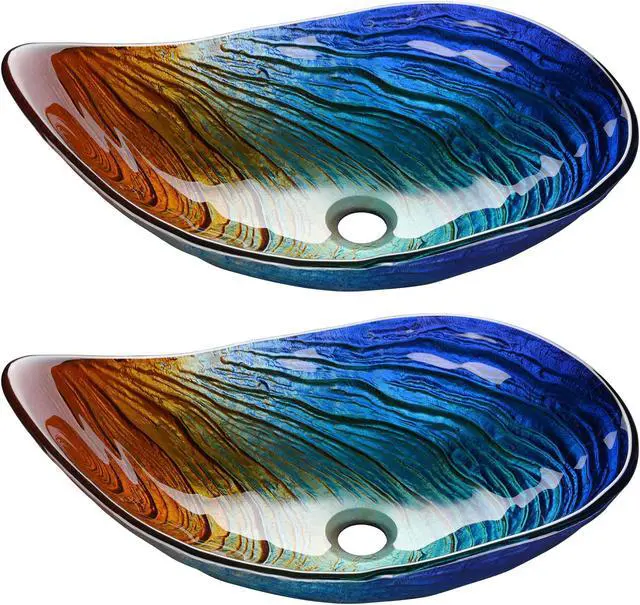 Main image of Aquaterior Waterdrop Shape Tempered Glass Sink Counter Top Bathroom Basin 2 Pack