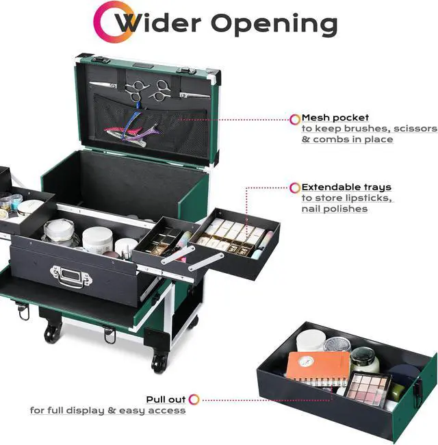 Alt view image 2 of 7 - Byootique Rolling Makeup Train Case Cosmetic Organizer Trolley Lockable Vanity